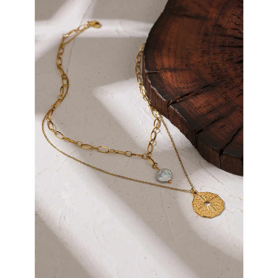 Colar Feminino de Camadas Estrela com Pérola em Aço Inoxidável