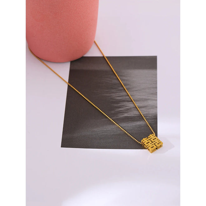 Yhpup Lucky Chinese Character Pendant Necklace Stainless Steel Accessories Statement Collar Trendy Jewelry Waterproof Gift New