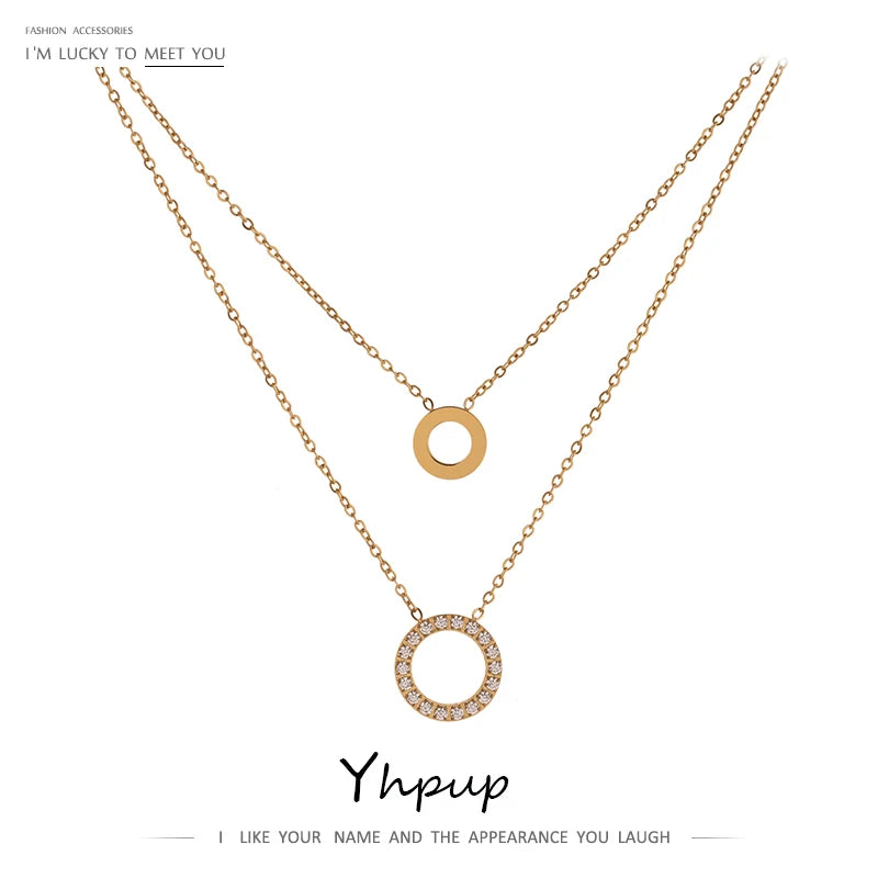 Colar Feminino de Camadas Redondo com Zircônia em Aço Inoxidável