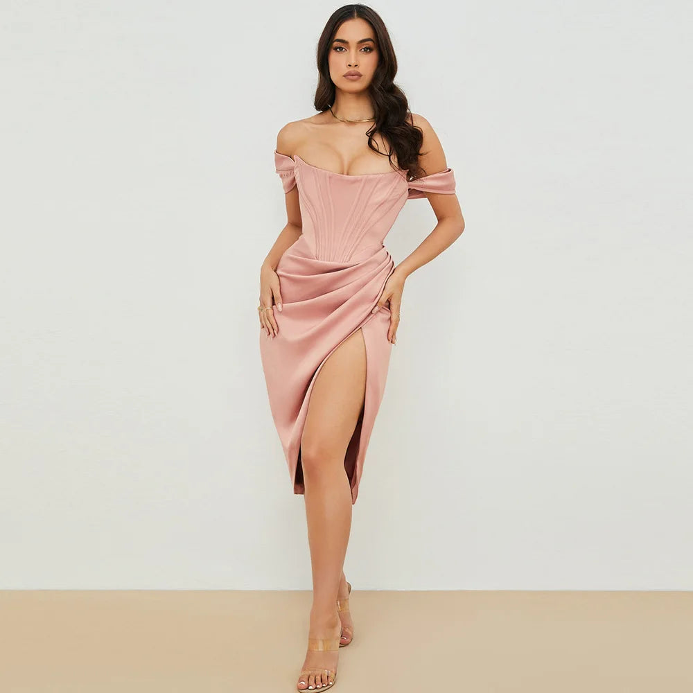 Vestido Midi Feminino de Cetim com Corset Ombro a Ombro pink