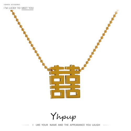 Yhpup Lucky Chinese Character Pendant Necklace Stainless Steel Accessories Statement Collar Trendy Jewelry Waterproof Gift New