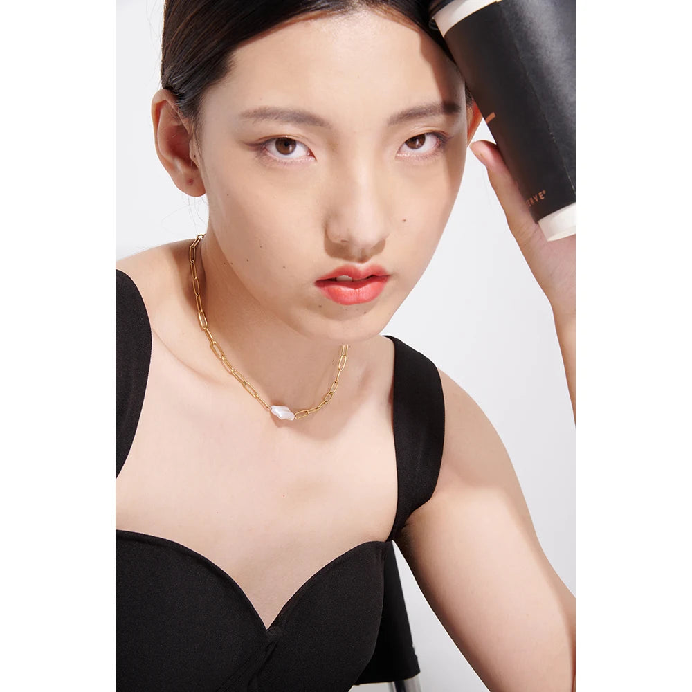 Yhpup Stainless Steel Natural Pearl Pendant Necklace Metal Chain High Quality Jewelry Gold Color Collar for Women Girls Gift