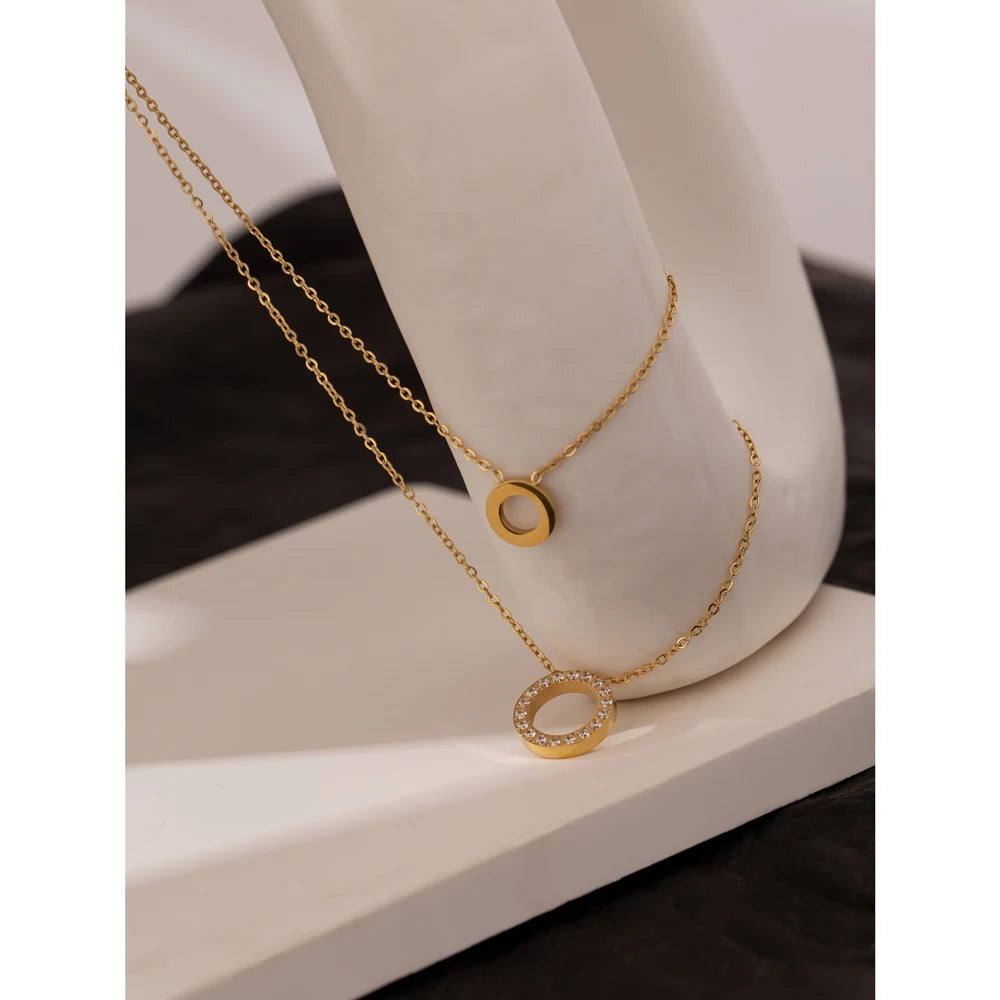 Colar Feminino de Camadas Redondo com Zircônia em Aço Inoxidável