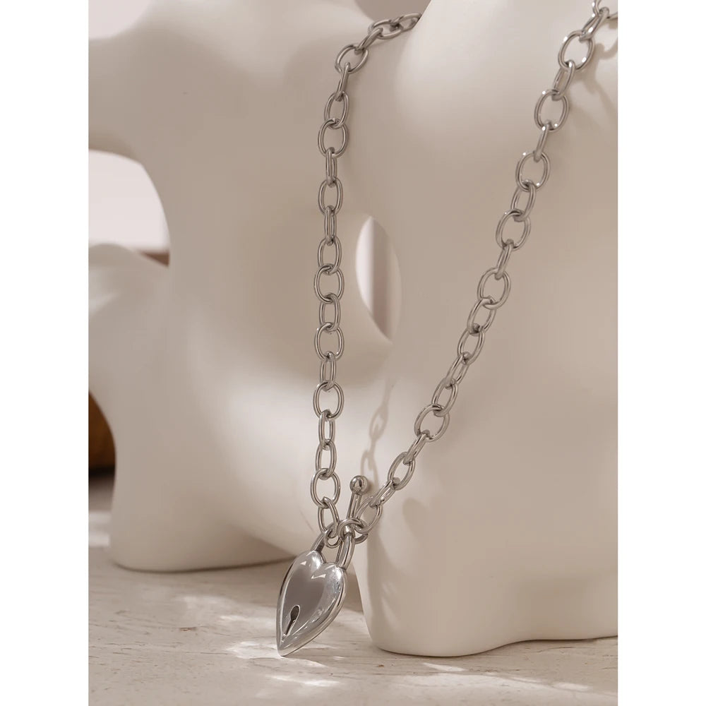 Yhpup Romantic Heart Lock Pendant Stainless Steel Necklace for Women Temperament Metal Texture 18 K Plated Choker Charm Jewelry