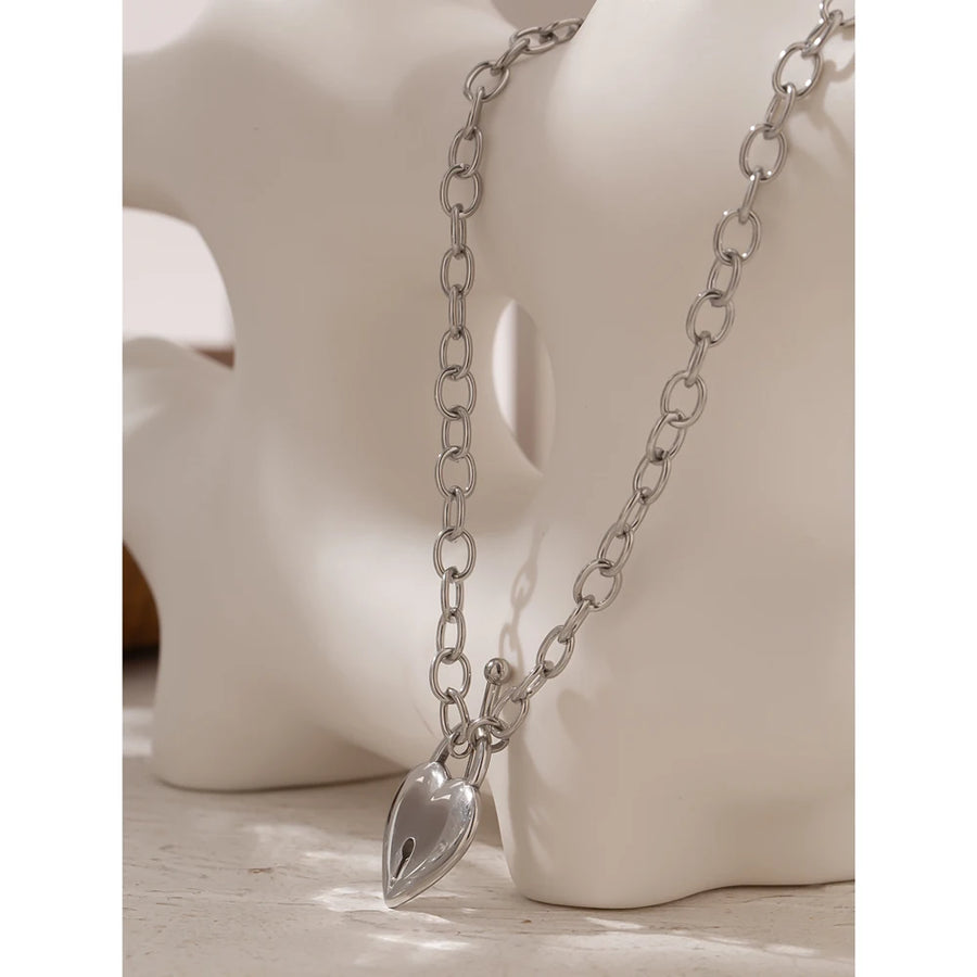 Yhpup Romantic Heart Lock Pendant Stainless Steel Necklace for Women Temperament Metal Texture 18 K Plated Choker Charm Jewelry