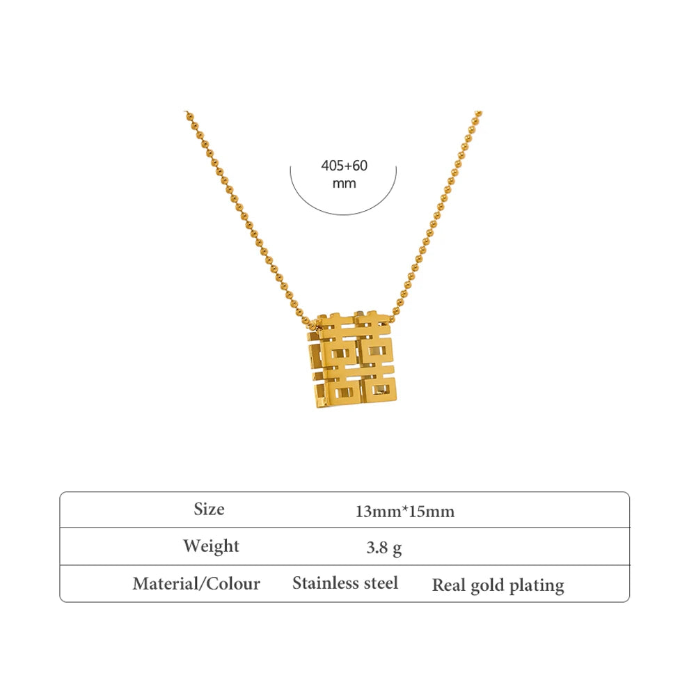 Yhpup Lucky Chinese Character Pendant Necklace Stainless Steel Accessories Statement Collar Trendy Jewelry Waterproof Gift New