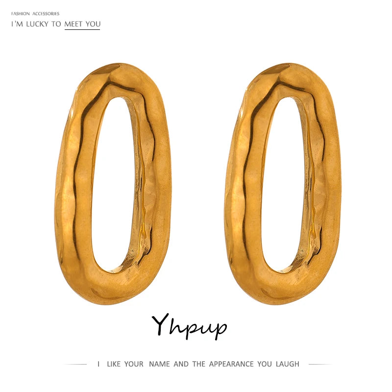 Yhpup Minimalist Metal Oval Stud Earrings Trendy Stainless Steel Geometric Fashion 18 K Jewelry Anniversary Gift Waterproof