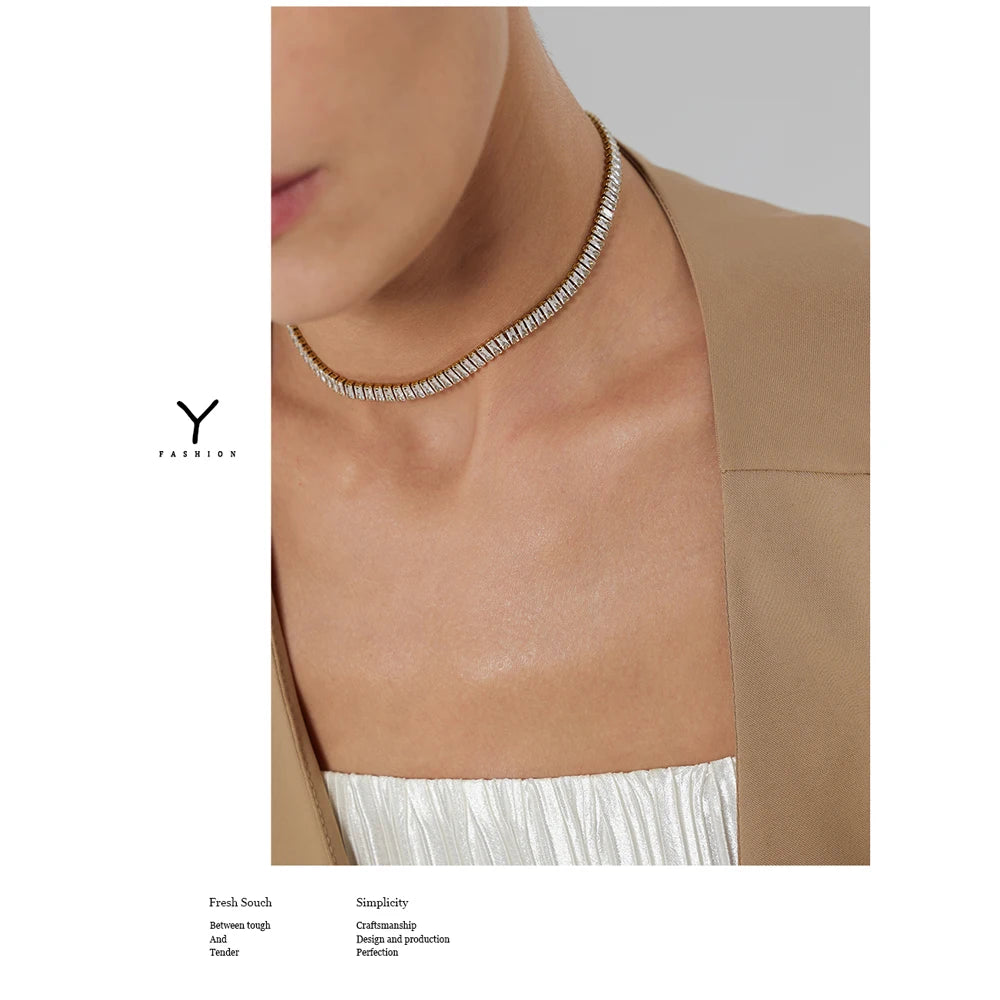 Yhpup 316L Stainless Steel Necklace Luxury Shiny Cubic Zirconia Fashion Jewelry for Women цепочка на шею женская Wedding Gift