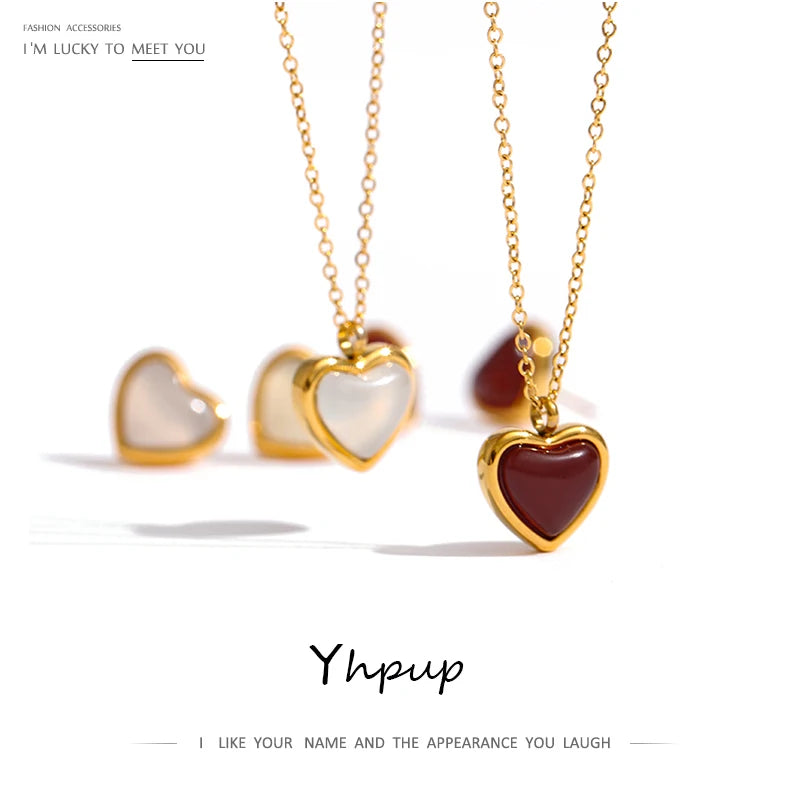Yhpup Stainless Steel Heart Pendant Necklace Chain Jewelry Temperament Natural Stone Agate Collar Women Necklace брелок Gift