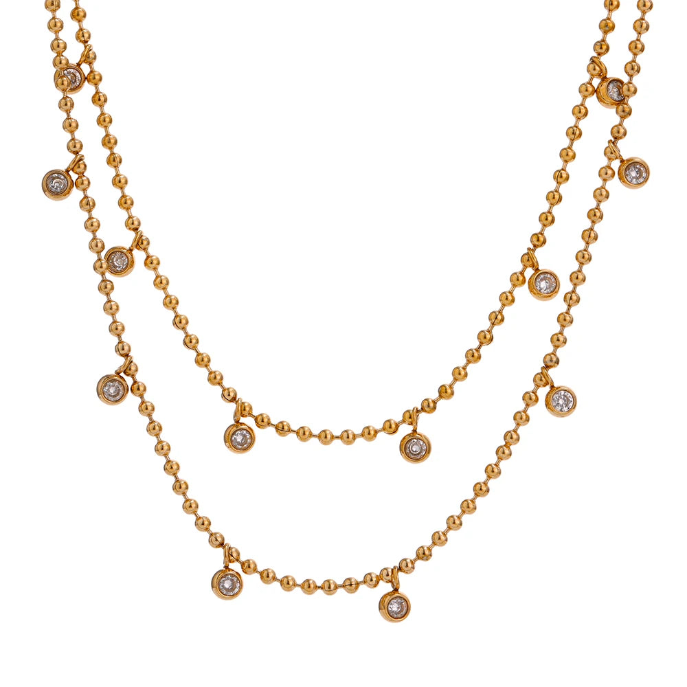 Colar Feminino de Camadas Gota com Zircônia em Aço Inoxidável Colar