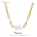 Yhpup Stainless Steel Natural Pearl Pendant Necklace Metal Chain High Quality Jewelry Gold Color Collar for Women Girls Gift
