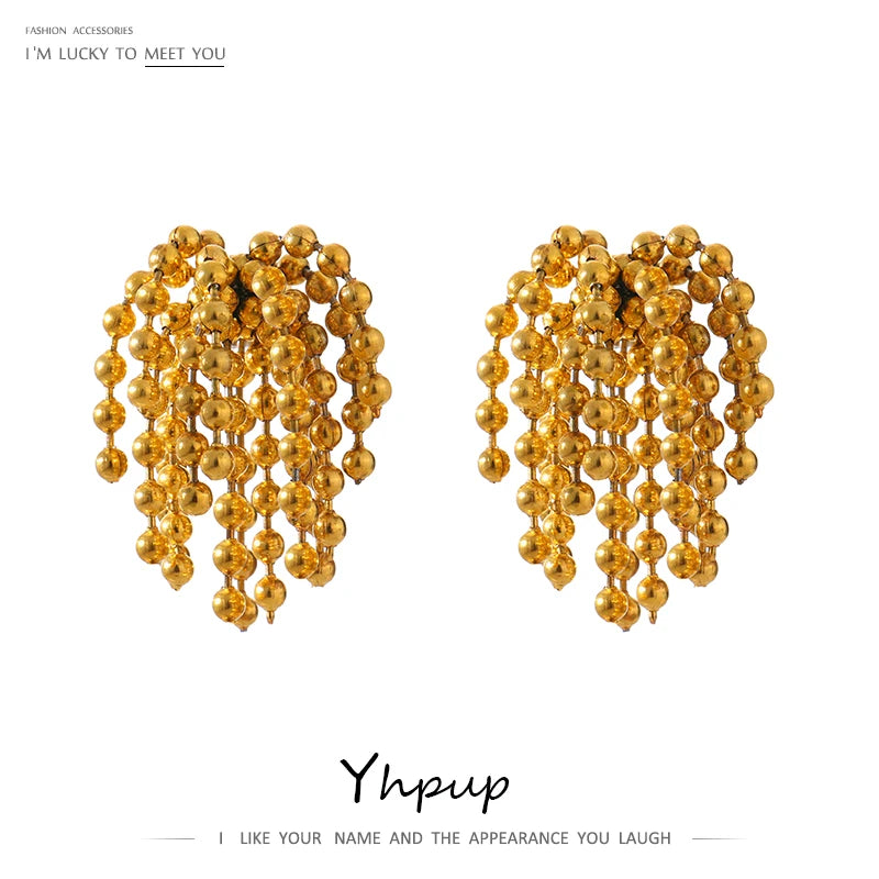 Yhpup Statement Tassel Bead Stud Earrings Gold Stainless Steel Waterproof Fashion Jewelry 18 K Plated Metal Women
