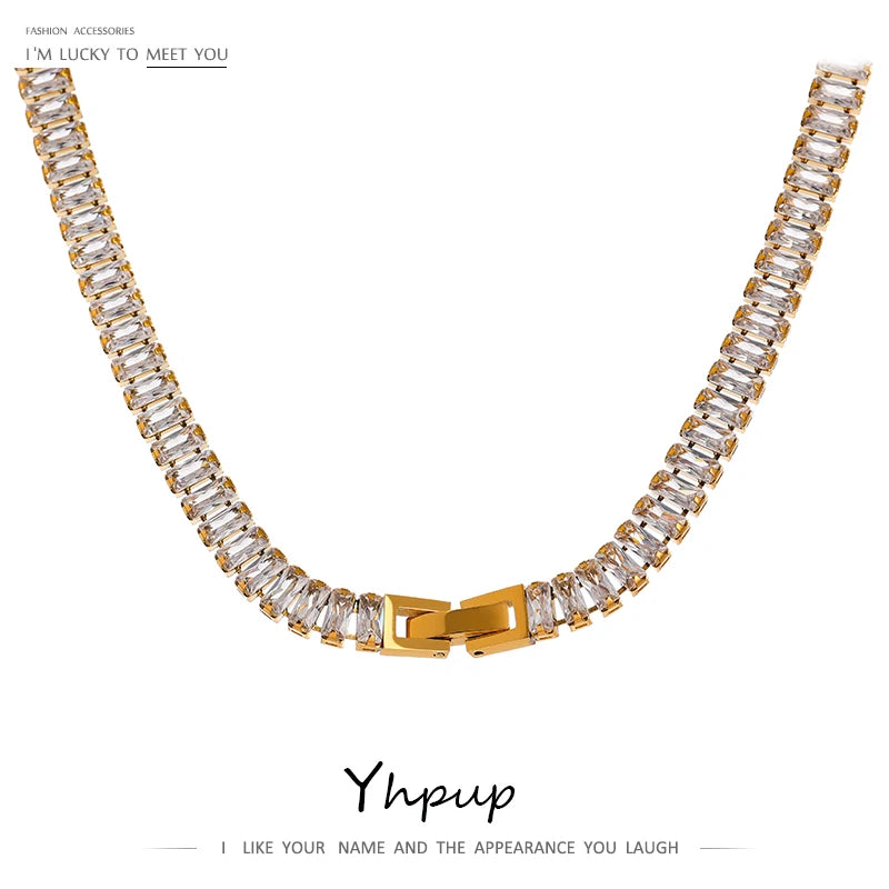 Yhpup 316L Stainless Steel Necklace Luxury Shiny Cubic Zirconia Fashion Jewelry for Women цепочка на шею женская Wedding Gift