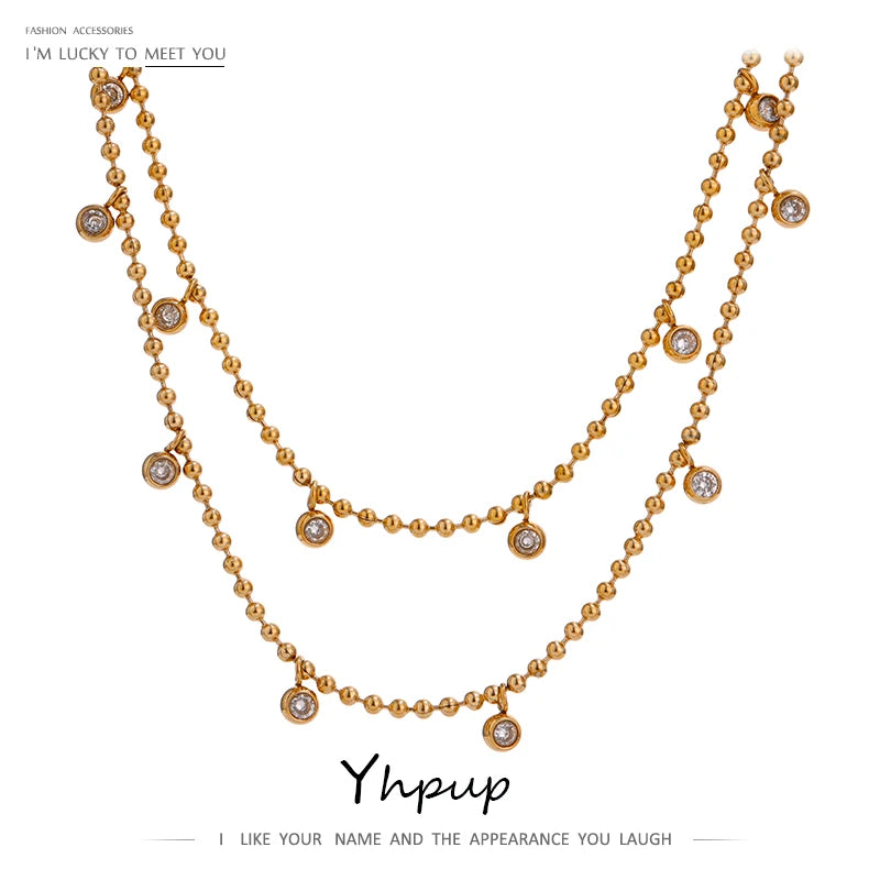 Colar Feminino de Camadas Gota com Zircônia em Aço Inoxidável
