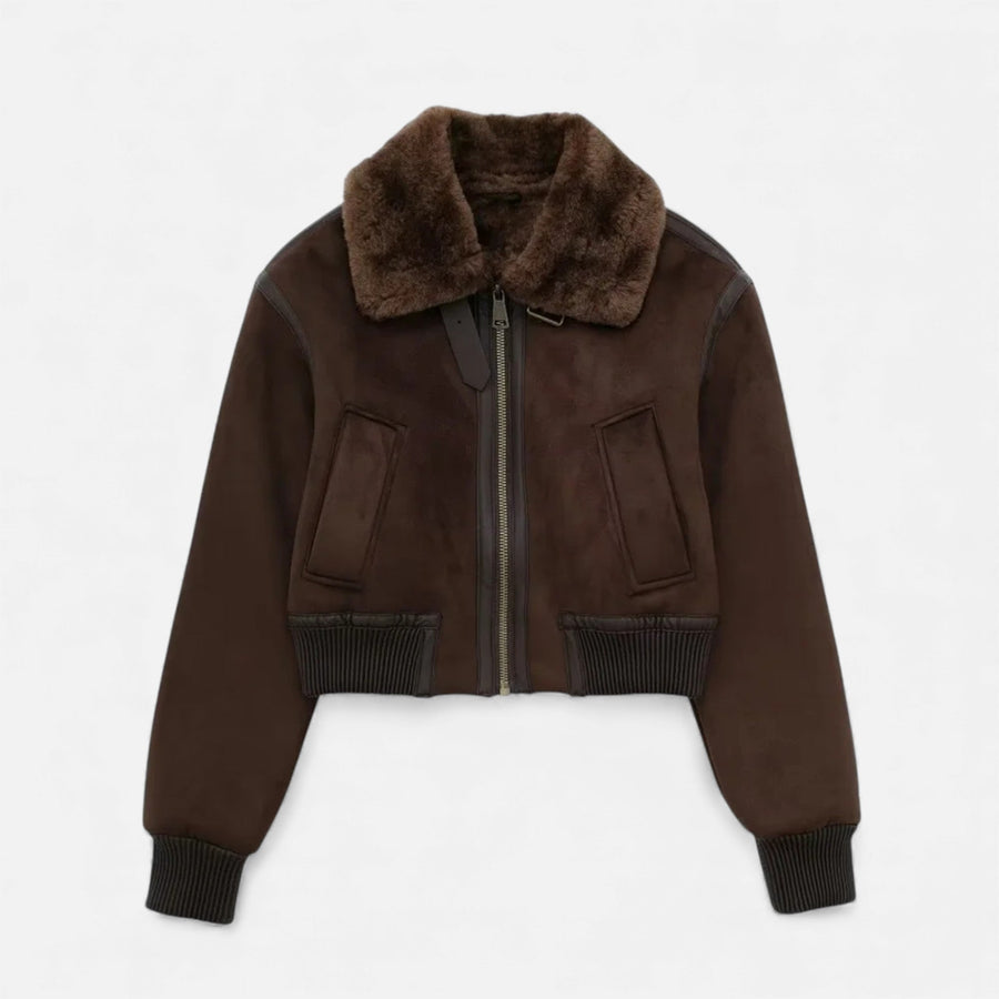Jaqueta Bomber Feminina Marrom Luxuosa com Detalhes em Pelúcia Marrom