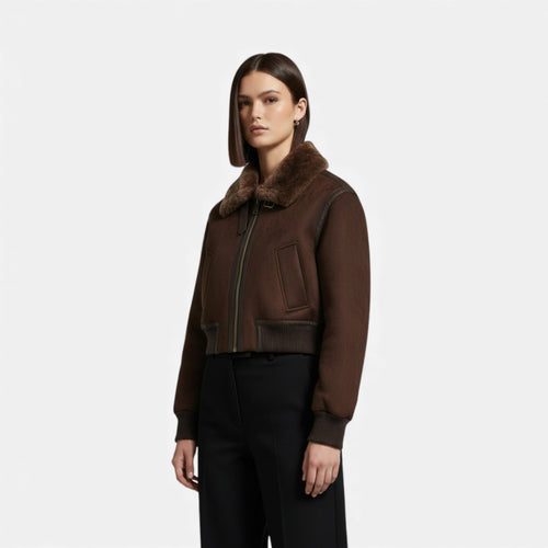 Jaqueta Bomber Feminina Marrom Luxuosa com Detalhes em Pelúcia