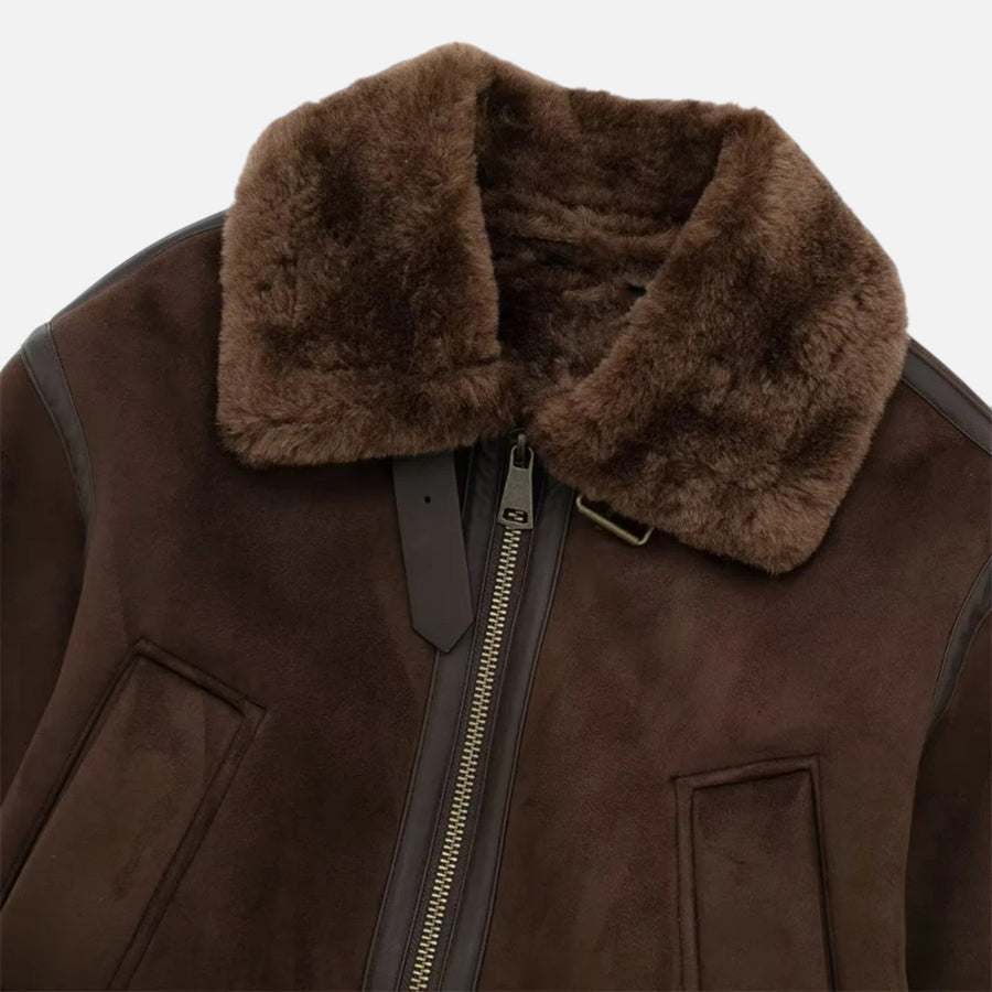 Jaqueta Bomber Feminina Marrom Luxuosa com Detalhes em Pelúcia