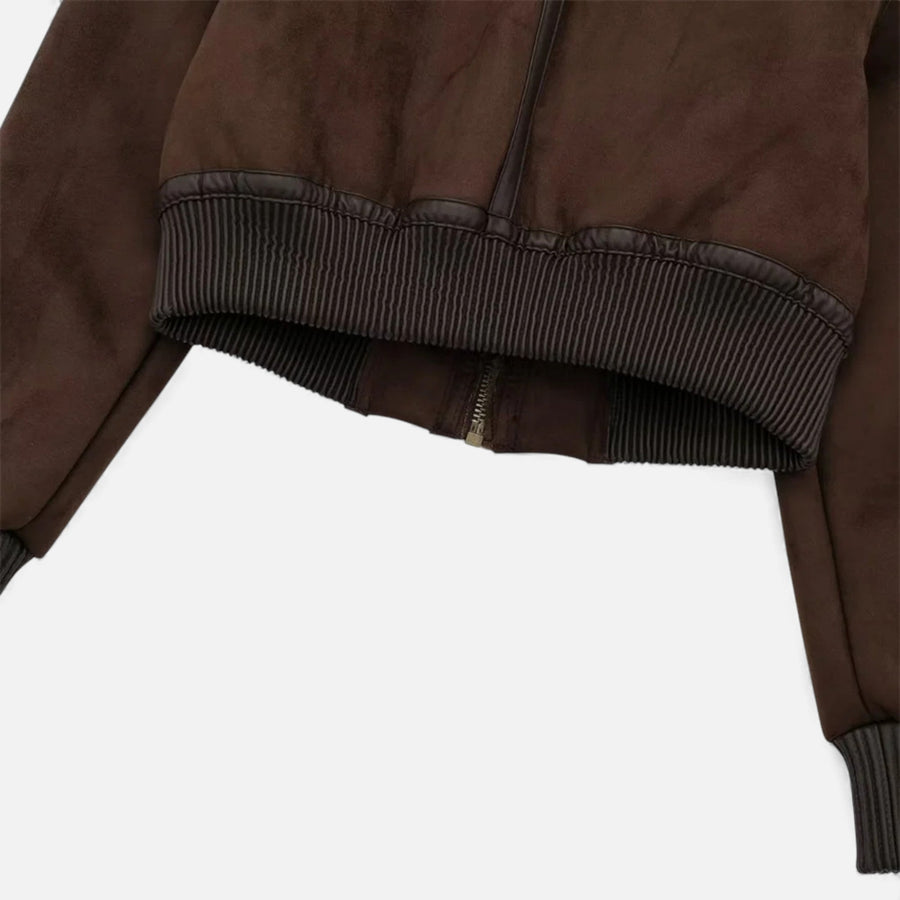 Jaqueta Bomber Feminina Marrom Luxuosa com Detalhes em Pelúcia