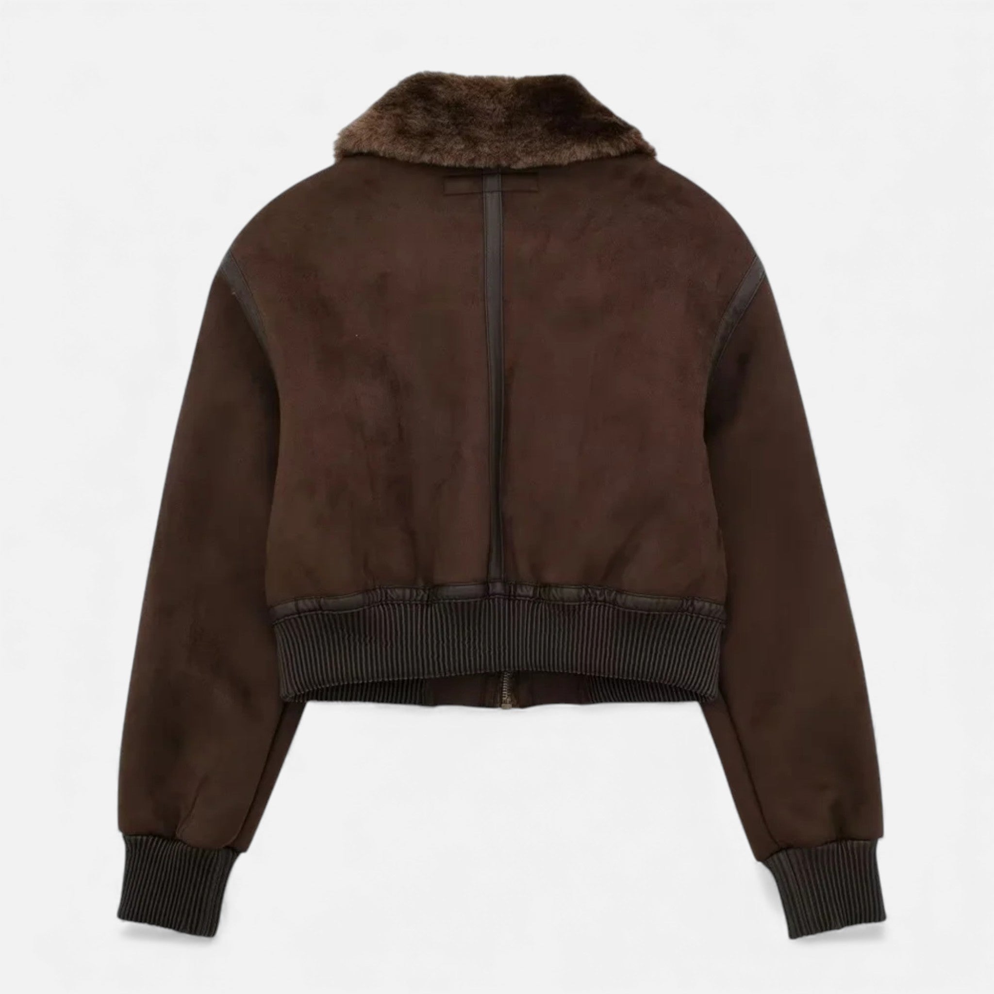 Jaqueta Bomber Feminina Marrom Luxuosa com Detalhes em Pelúcia