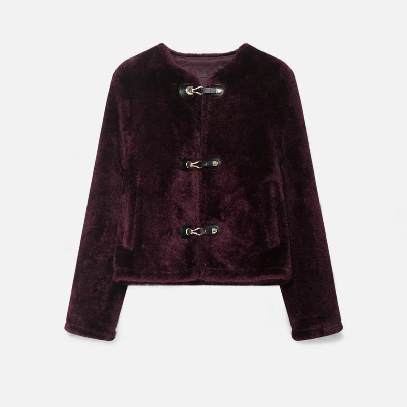 Jaqueta Feminina de Botão Toggle em Pelo Sintético Chocolate