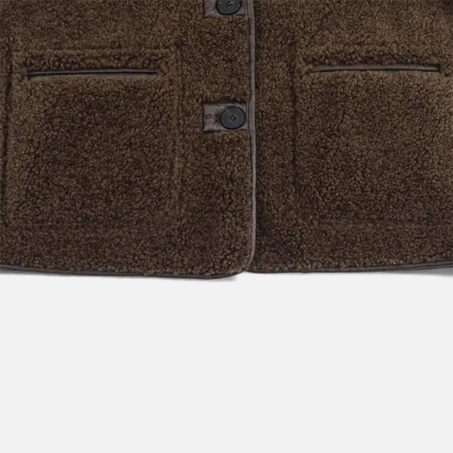 Jaqueta Reversível de Teddy Marrom para Mulheres com Gola Dobrada