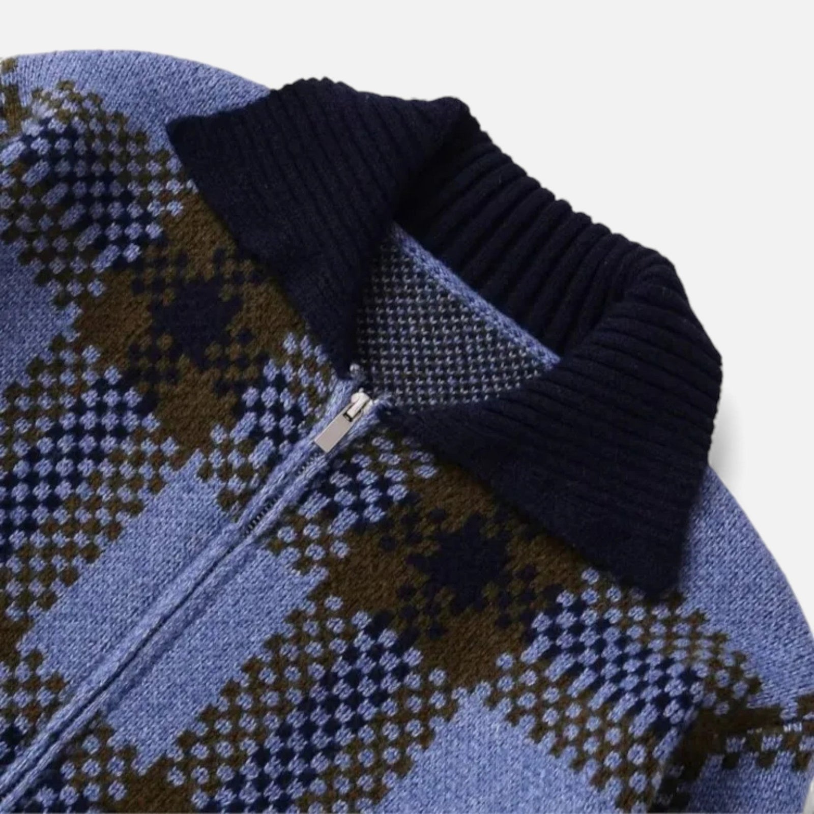 Jaqueta de Zíper Tricotada em Xadrez para Mulheres com Gola Rebatida