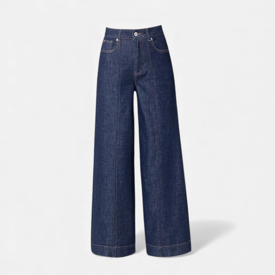 Jeans de Algodão para Mulheres com Corte Amplo e Cintura Alta Azul Denim