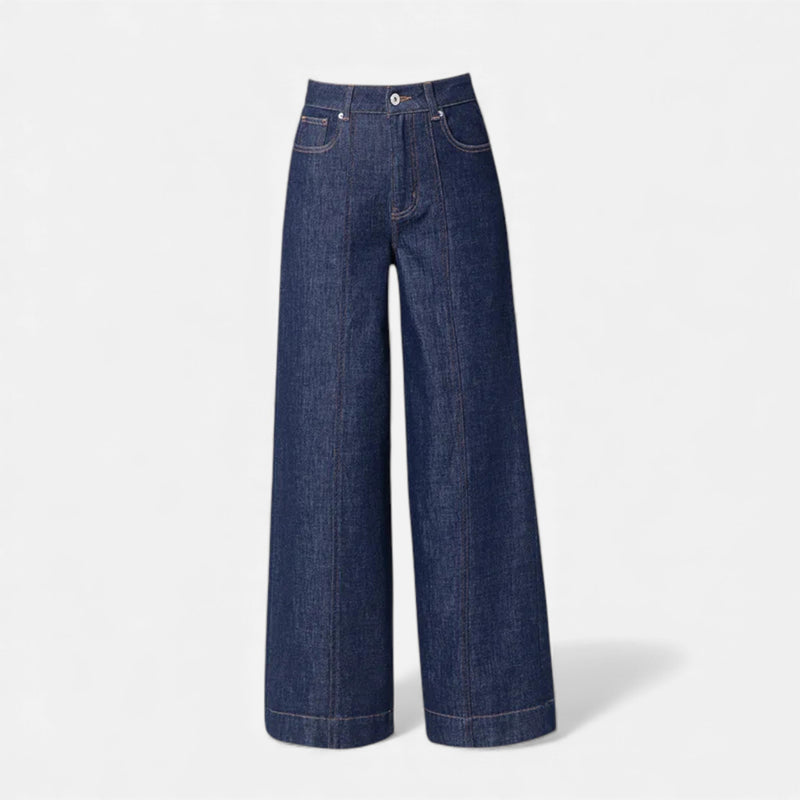 Jeans de Algodão para Mulheres com Corte Amplo e Cintura Alta Azul Denim
