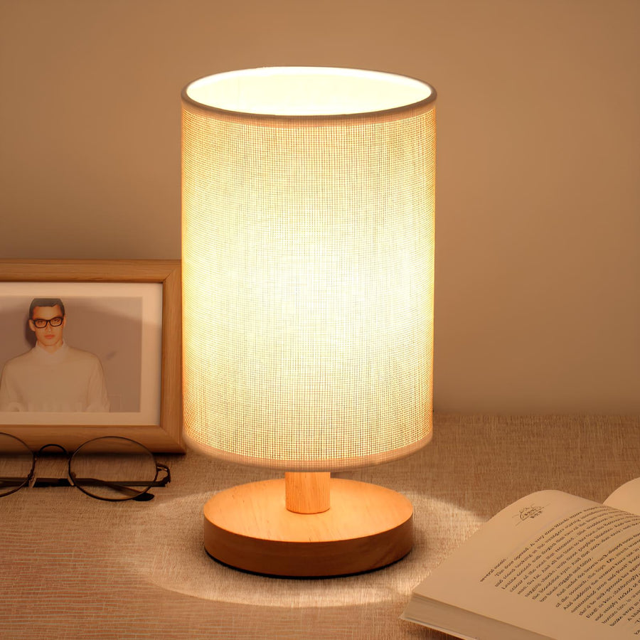 Luminária de mesa Moderna em Madeira e Tecido - Abajur USB Dimmer com 3 Opções de Temperatura de Cor Cinza Texturizado