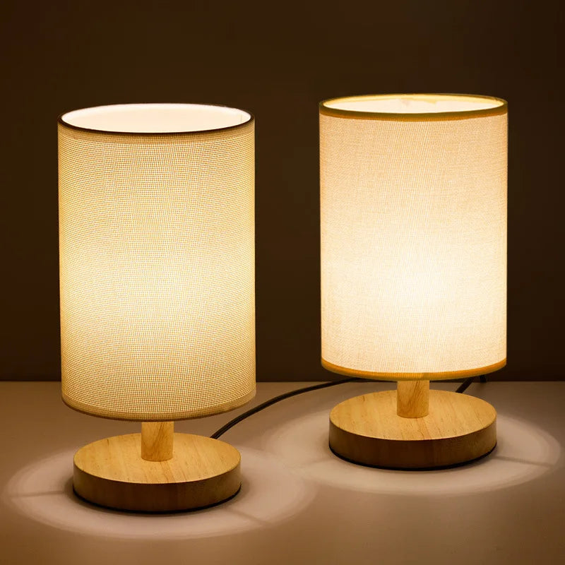 Luminária de mesa Moderna em Madeira e Tecido - Abajur USB Dimmer com 3 Opções de Temperatura de Cor
