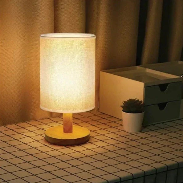 Luminária de mesa Moderna em Madeira e Tecido - Abajur USB Dimmer com 3 Opções de Temperatura de Cor