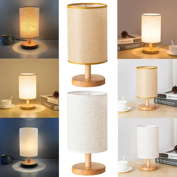 Luminária de mesa Moderna em Madeira e Tecido - Abajur USB Dimmer com 3 Opções de Temperatura de Cor