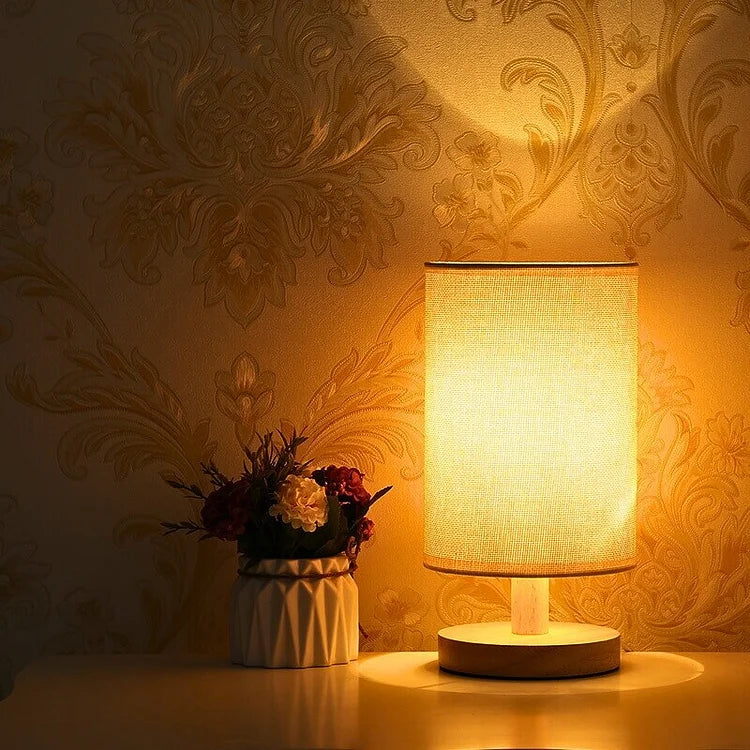 Luminária de mesa Moderna em Madeira e Tecido - Abajur USB Dimmer com 3 Opções de Temperatura de Cor