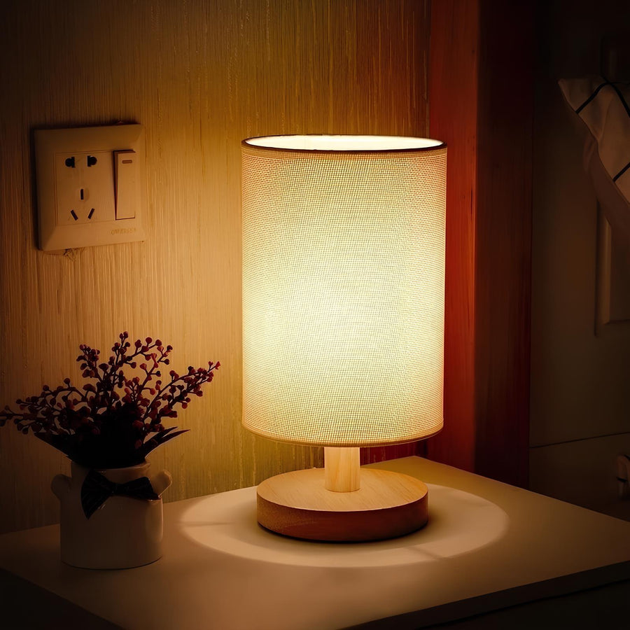 Luminária de mesa Moderna em Madeira e Tecido - Abajur USB Dimmer com 3 Opções de Temperatura de Cor