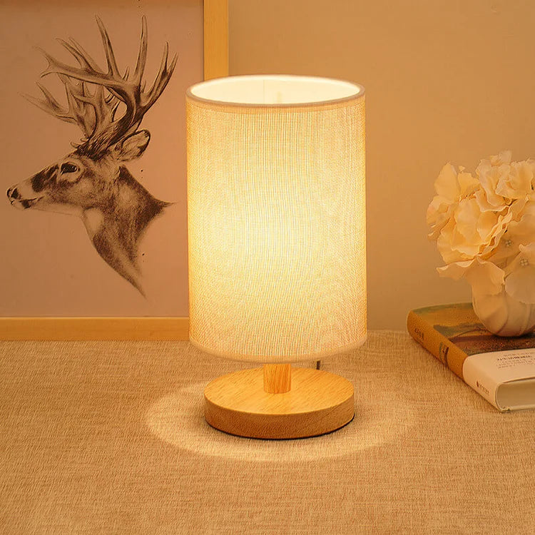 Luminária de mesa Moderna em Madeira e Tecido - Abajur USB Dimmer com 3 Opções de Temperatura de Cor