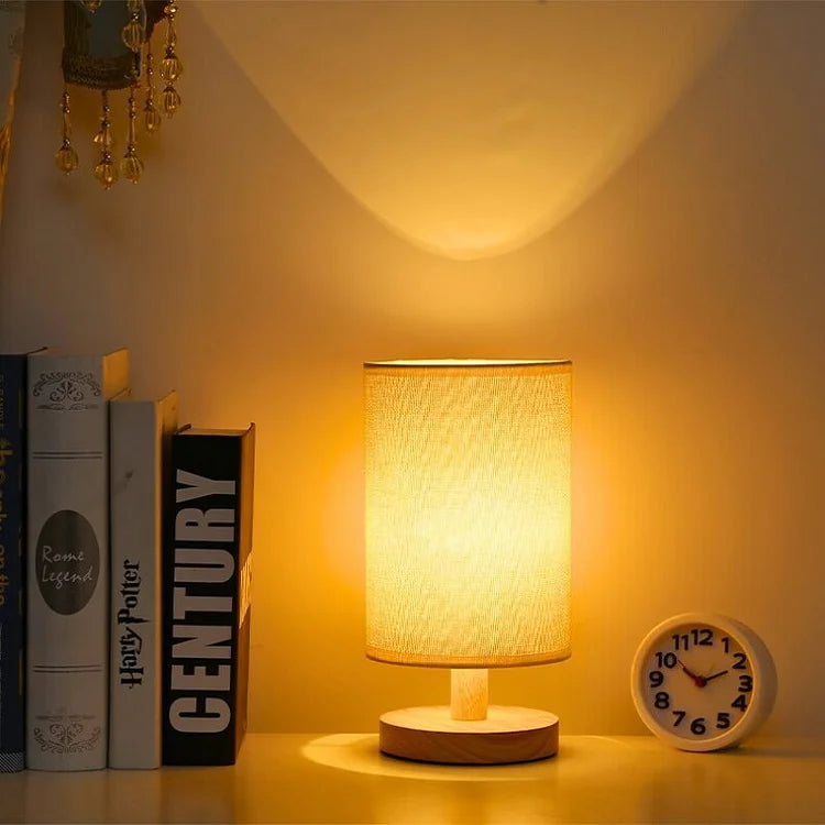 Luminária de mesa Moderna em Madeira e Tecido - Abajur USB Dimmer com 3 Opções de Temperatura de Cor