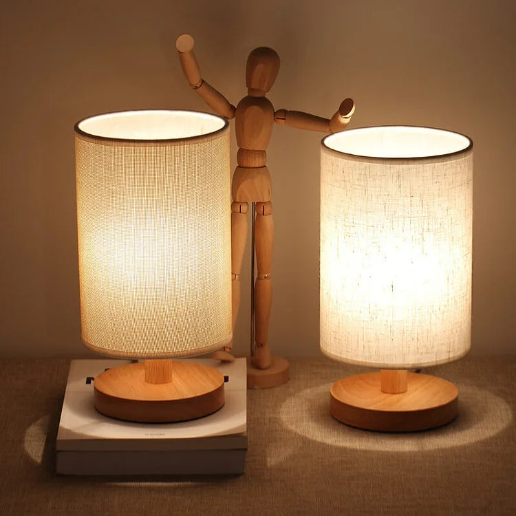 Luminária de mesa Moderna em Madeira e Tecido - Abajur USB Dimmer com 3 Opções de Temperatura de Cor