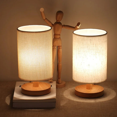 Luminária de mesa Moderna em Madeira e Tecido - Abajur USB Dimmer com 3 Opções de Temperatura de Cor