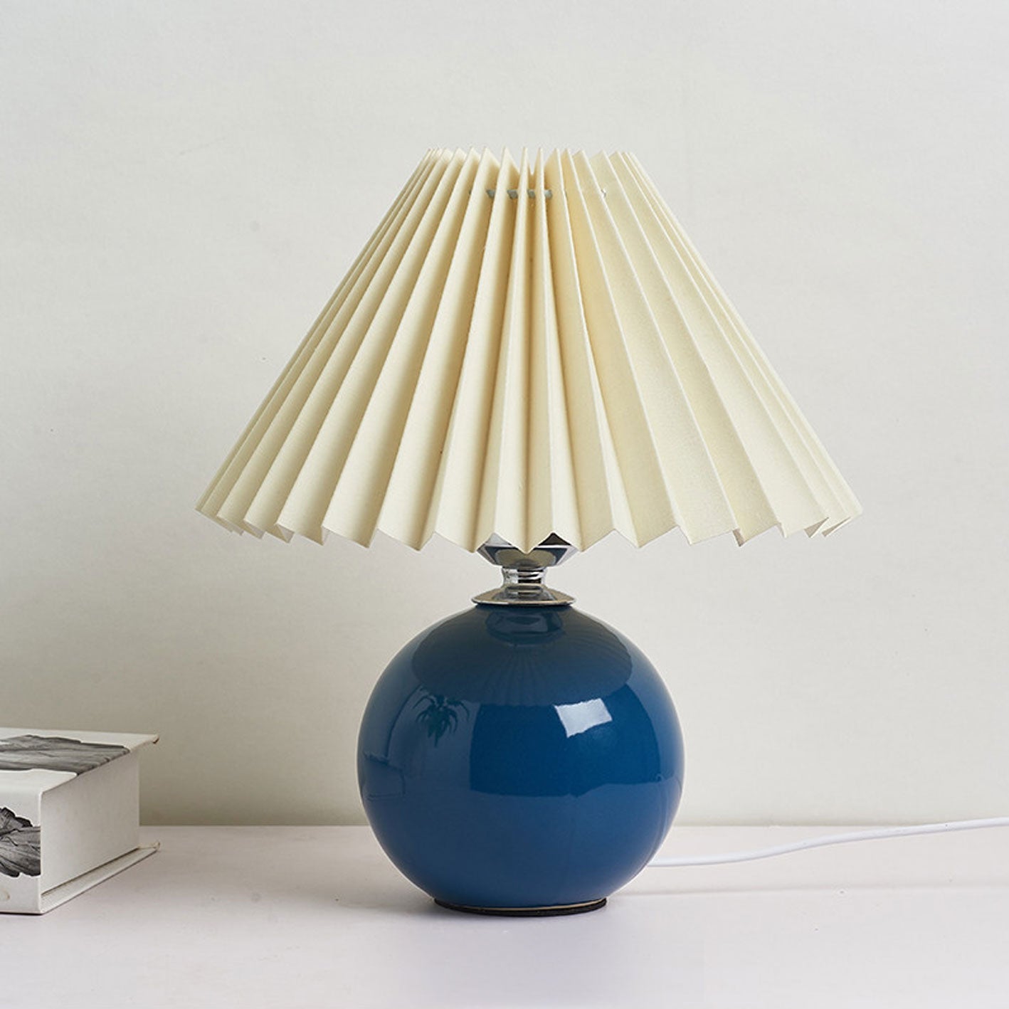 Luminária de mesa em cerâmica plissada estilo nórdico Azul Bege Interruptor de Botão