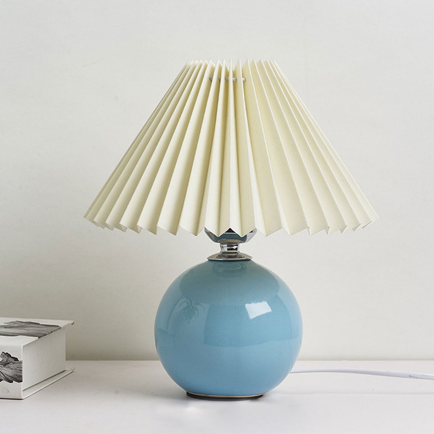 Luminária de mesa em cerâmica plissada estilo nórdico Azul Claro Bege Interruptor de Botão