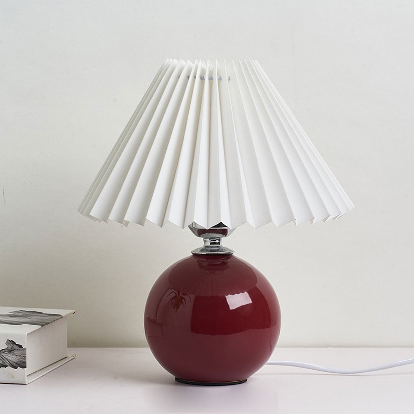 Luminária de mesa em cerâmica plissada estilo nórdico Bordô Branco Interruptor de Botão