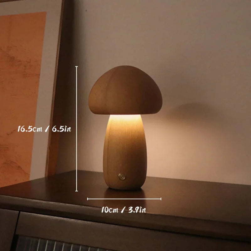 Luminária de mesa em forma de cogumelo de madeira | Abajur LED noturno recarregável estilo nórdico Marrom Claro Pequeno