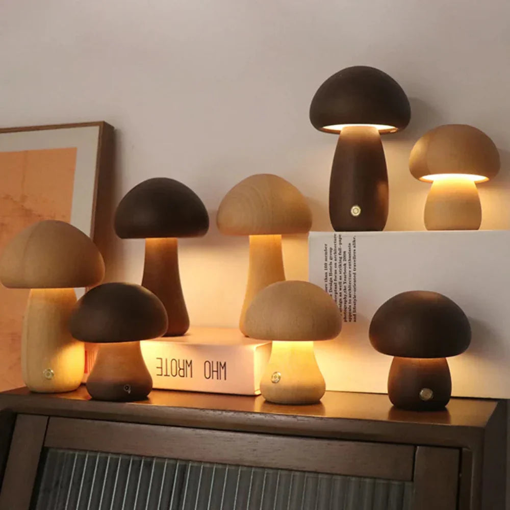 Luminária de mesa em forma de cogumelo de madeira | Abajur LED noturno recarregável estilo nórdico