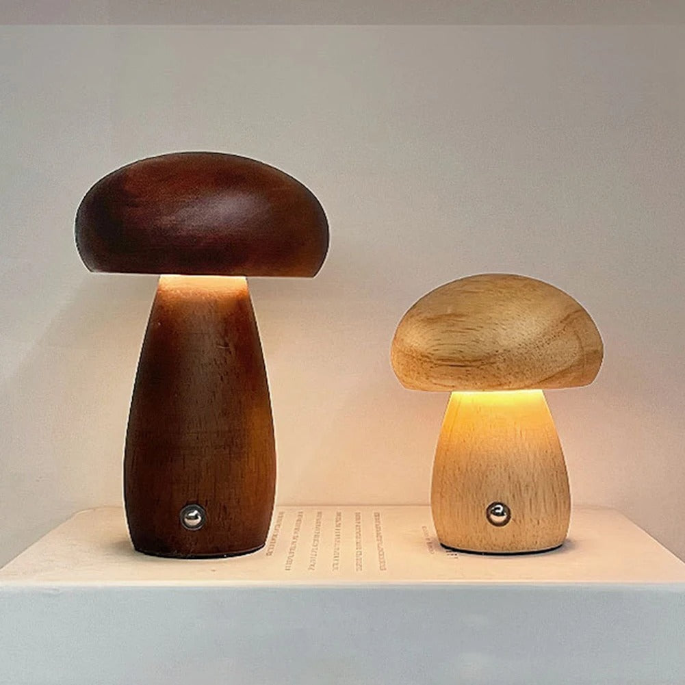 Luminária de mesa em forma de cogumelo de madeira | Abajur LED noturno recarregável estilo nórdico
