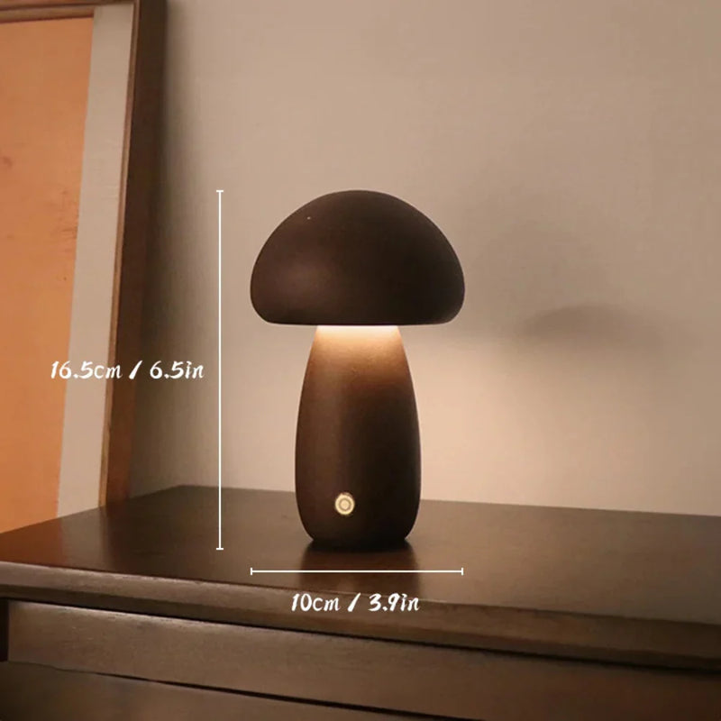 Luminária de mesa em forma de cogumelo de madeira | Abajur LED noturno recarregável estilo nórdico