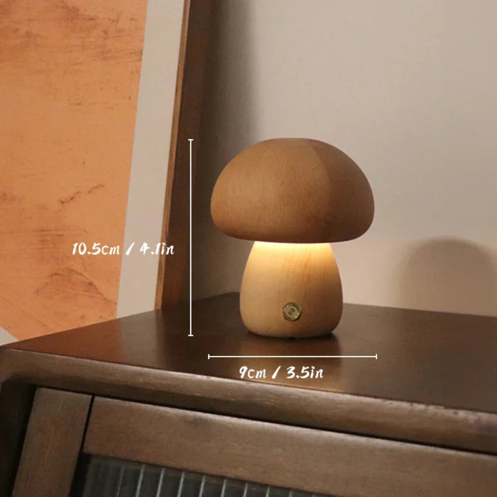 Luminária de mesa em forma de cogumelo de madeira | Abajur LED noturno recarregável estilo nórdico