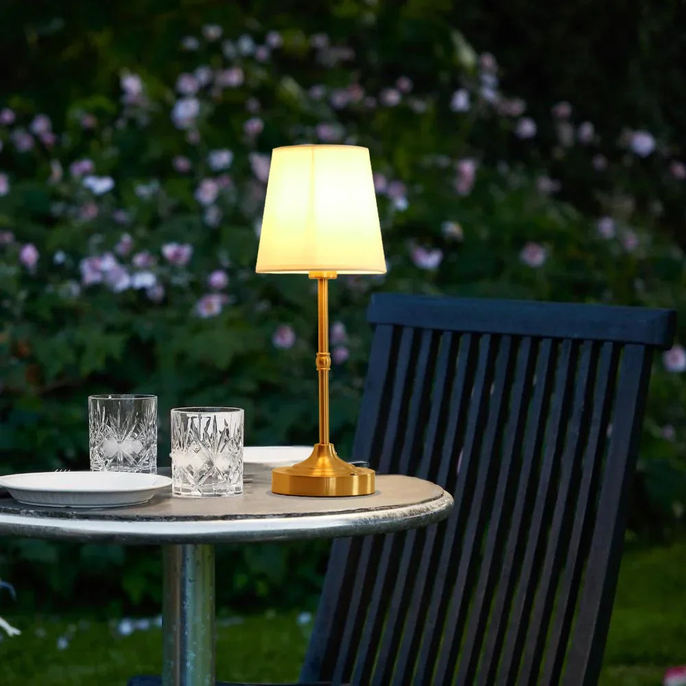 Luminária de mesa moderna em dourado - Abajur de tecido dimerizável para cabeceira.