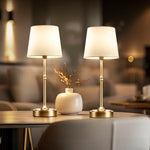 Luminária de mesa moderna em dourado - Abajur de tecido dimerizável para cabeceira.