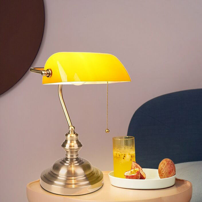 Luminária de mesa vintage com base de vidro colorido e metal, 1 lâmpada e detalhe em zíper.