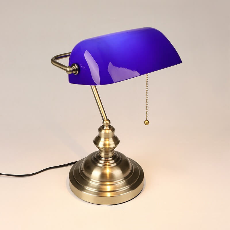 Luminária de mesa vintage com base de vidro colorido e metal, 1 lâmpada e detalhe em zíper.